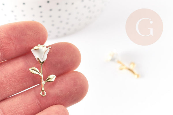 Pendentif fleur rose émail blanc, Pendentif laiton brut, bijou laiton,fleur laiton bijoux,pendentif laiton brut,27mm, x1 G6430
