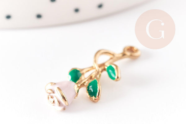 Pendentif fleur rose émail rose, Pendentif zamac doré, bijou laiton,fleur création bijoux,pendentif zamac doré,28mm, x1 G3710