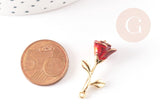 Pendentif fleur rose émail rouge laiton doré 27mm, x1 (G3245)