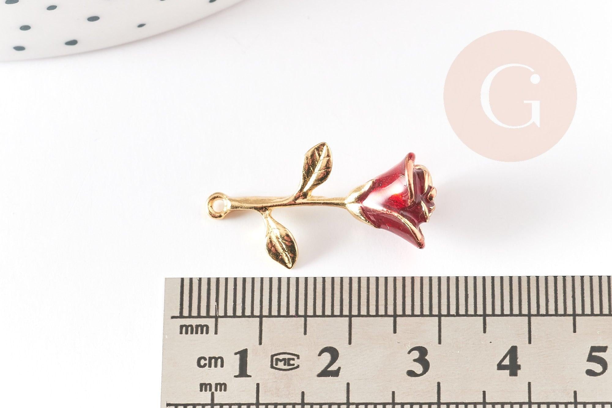 Pendentif fleur rose émail rouge laiton doré 27mm, x1 (G3245)