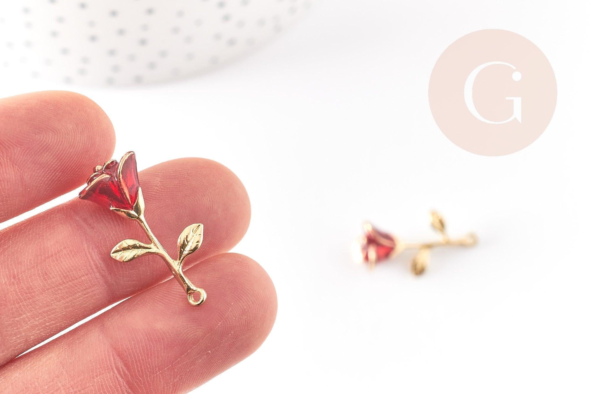 Pendentif fleur rose émail rouge laiton doré 27mm, x1 (G3245)