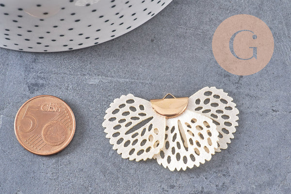 Pendentif fleur tissu soie blanche support doré,pendentif fleur en dentelle de tissu, 25x38mm, x 2 (G4539)