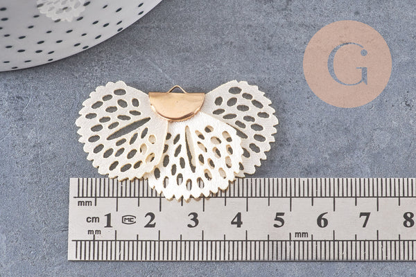Pendentif fleur tissu soie blanche support doré,pendentif fleur en dentelle de tissu, 25x38mm, x 2 (G4539)