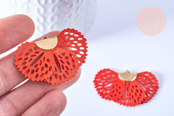 Pendentif fleur tissu soie rouge support doré,pendentif fleur en dentelle de tissu, 25x38mm, x2 (G4976)