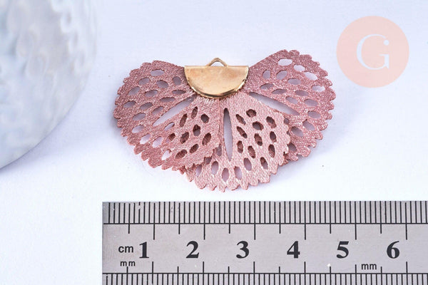 Pendentif fleur tissu soie vieux rose support doré,pendentif fleur en dentelle de tissu, 25x38mm, x2 (G5427)