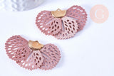 Pendentif fleur tissu soie vieux rose support doré,pendentif fleur en dentelle de tissu, 25x38mm, x2 (G5427)