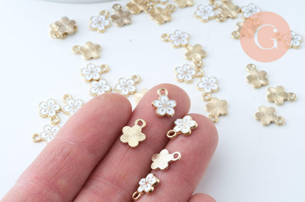 Pendentif fleur zamac doré émail blanc 12mm,pendentif doré pour création de bijoux, x5 (G6088)