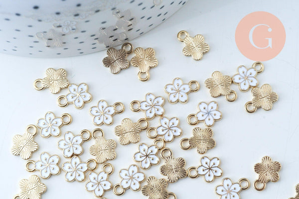 Pendentif fleur zamac doré émail blanc 12mm,pendentif doré pour création de bijoux, x5 (G6088)