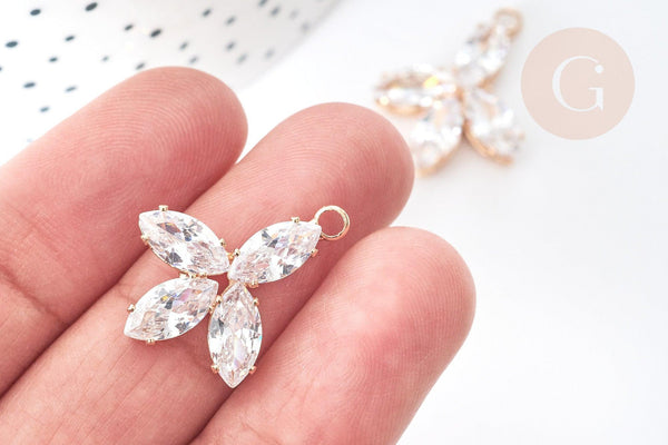 Pendentif fleur zircons laiton doré 24mm, pendentif cristal création bijoux, x1 G8085