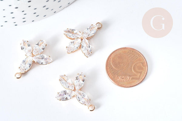 Pendentif fleur zircons laiton doré 24mm, pendentif cristal création bijoux, x1 G8085