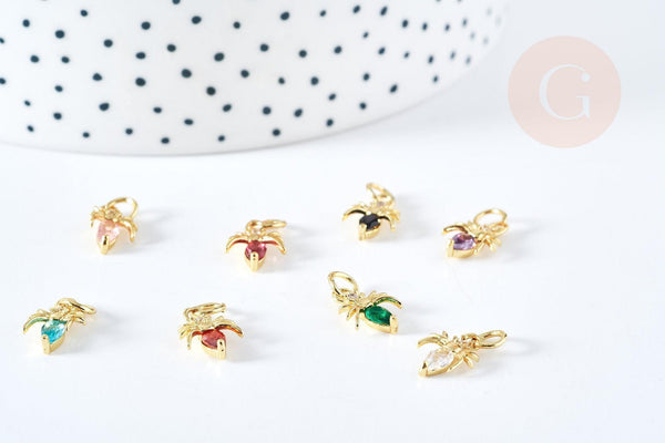 Pendentif fourmi laiton doré 18K zircon coloré 12mm, pendentif doré pour création de bijoux, x1 (G8590)