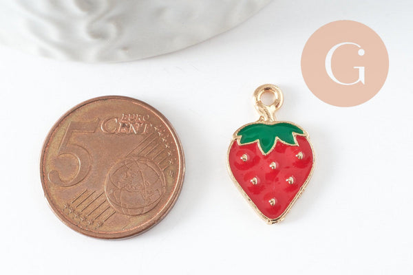 Pendentif fraise doré émaillé rouge 20.5mm, x2 (G4528)