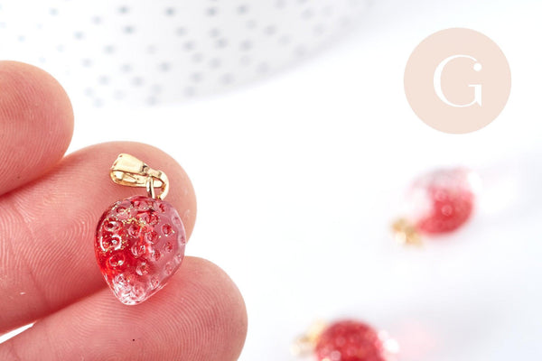 Pendentif fraise fruit rouge laiton doré 18mm,pendentif fruit verre,15-19mm, x1 (G8488)