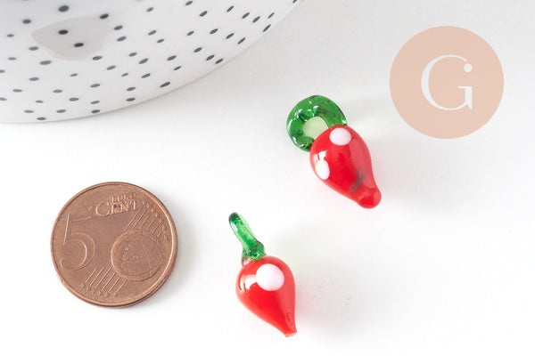 Pendentif fraise fruit rouge verre tchèque 19-21mm, x5 (G4235)
