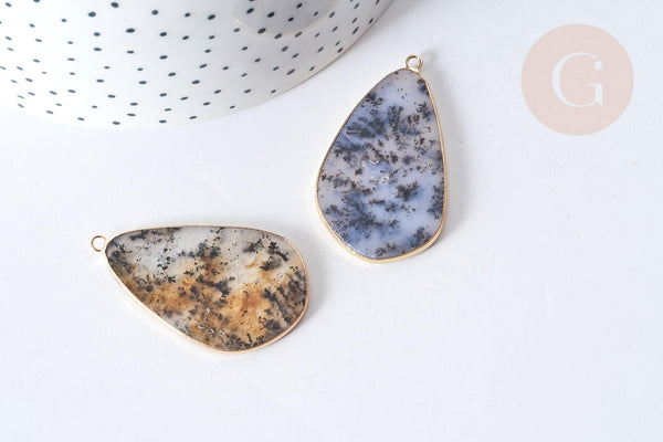 Pendentif goutte agate mousse doré 45mm, pendentif pierre agate mousse naturel, x1 G7939