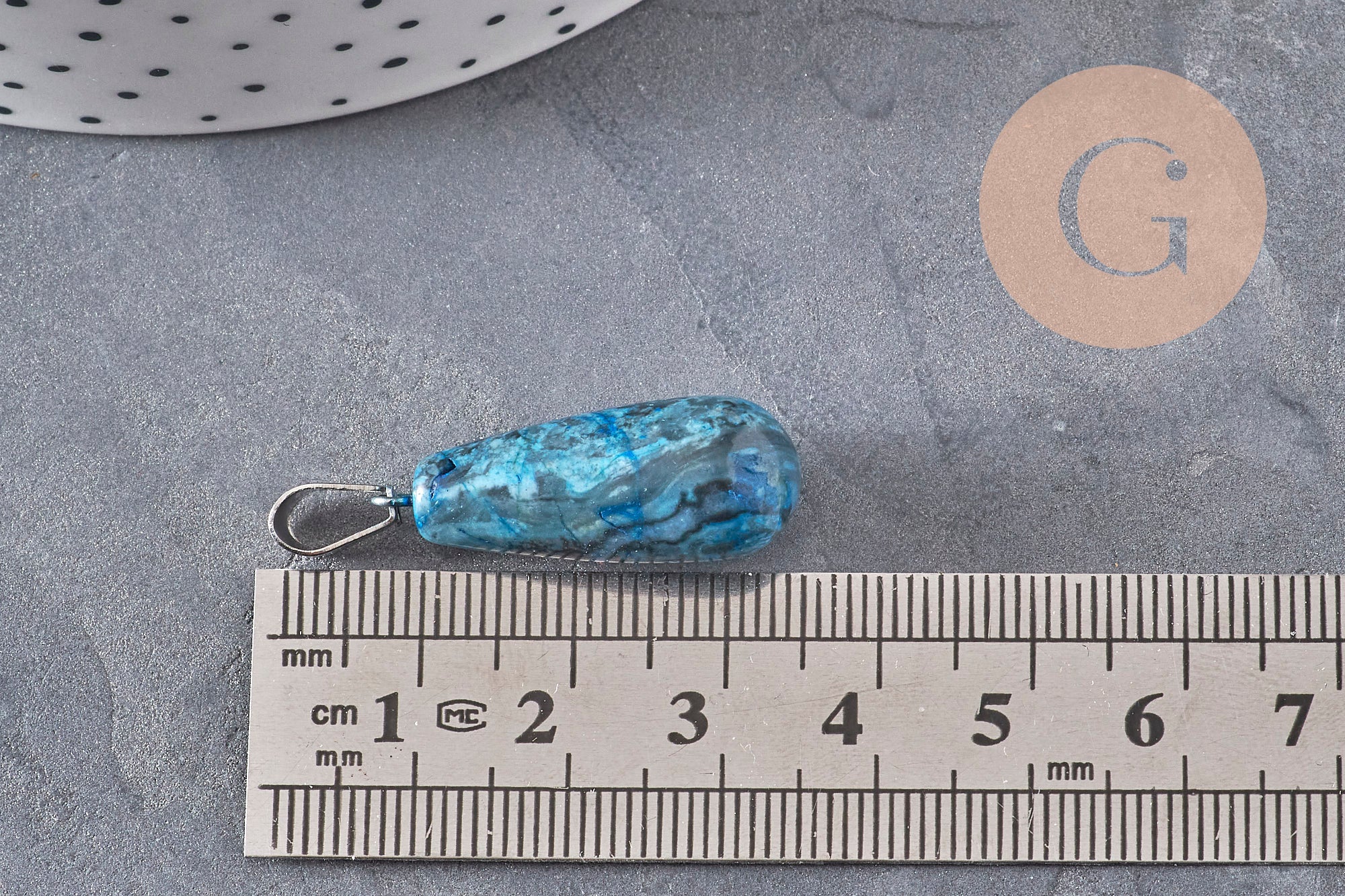 Pendentif goutte agate naturelle bleu acier inoxydable platine 28mm, x1 (G11117)