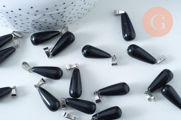 Pendentif goutte agate noire roulée roulée acier platine 30mm, pendentif pierre acier inoxydable pierre naturelle, x1 G6167