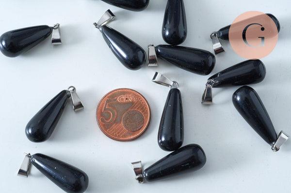 Pendentif goutte agate noire roulée roulée acier platine 30mm, pendentif pierre acier inoxydable pierre naturelle, x1 G6167