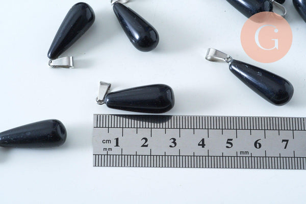 Pendentif goutte agate noire roulée roulée acier platine 30mm, pendentif pierre acier inoxydable pierre naturelle, x1 G6167
