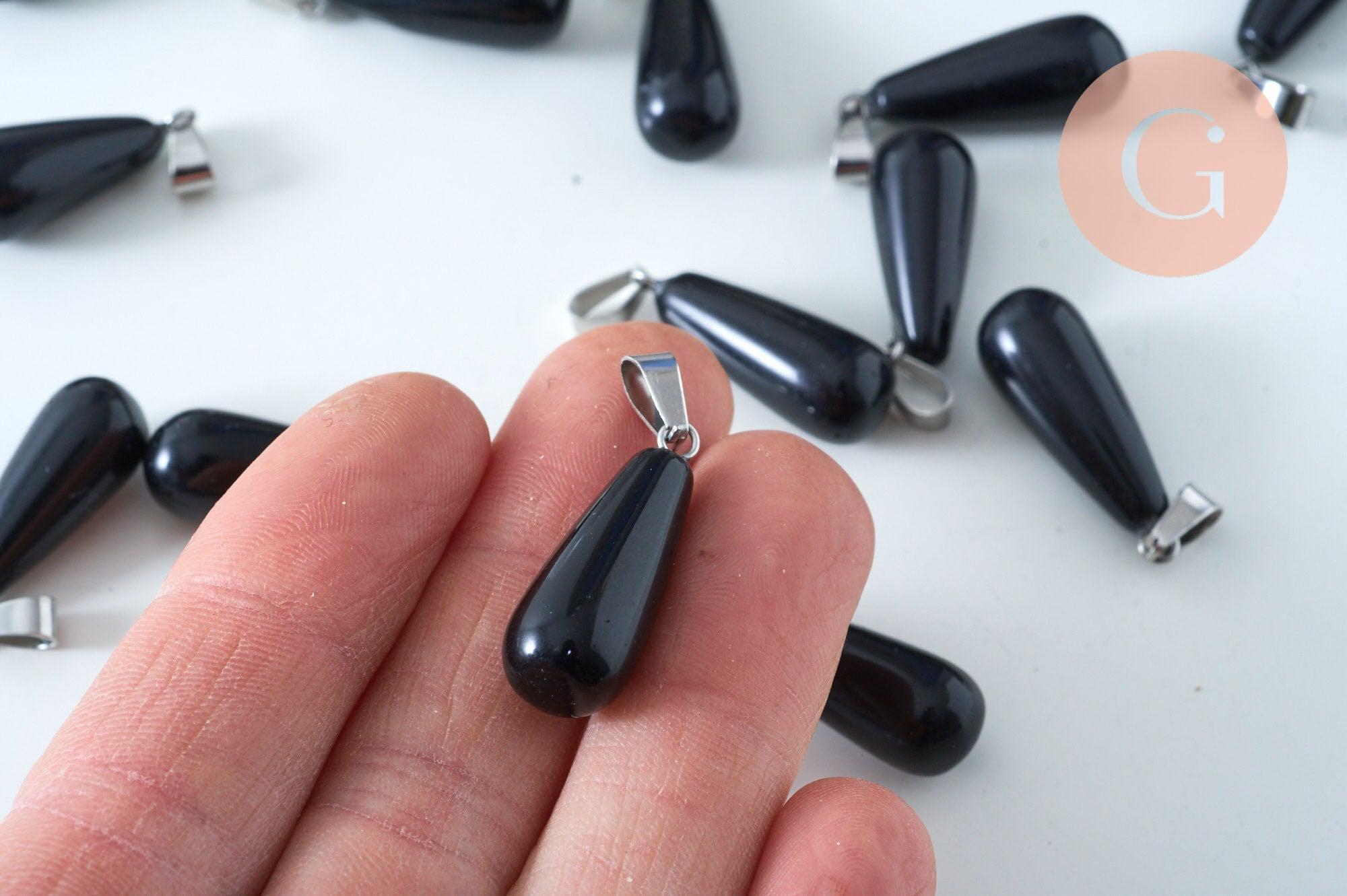 Pendentif goutte agate noire roulée roulée acier platine 30mm, pendentif pierre acier inoxydable pierre naturelle, x1 G6167