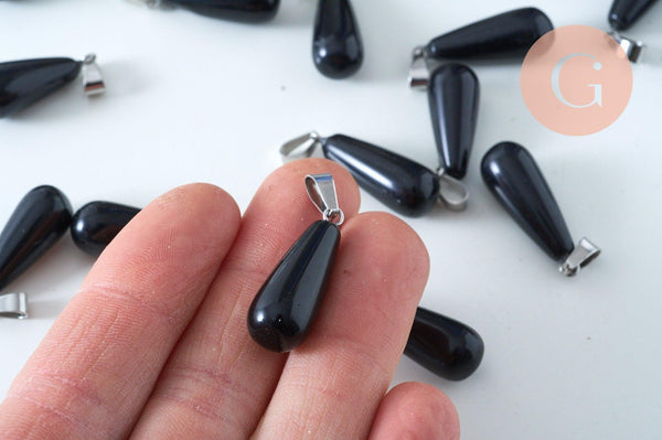 Pendentif goutte agate noire roulée roulée acier platine 30mm, pendentif pierre acier inoxydable pierre naturelle, x1 G6167