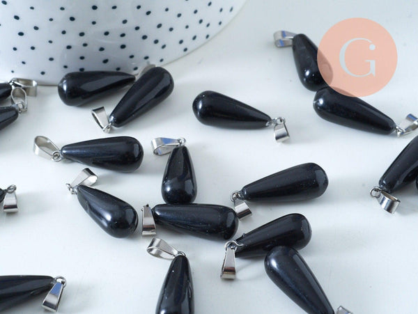 Pendentif goutte agate noire roulée roulée acier platine 30mm, pendentif pierre acier inoxydable pierre naturelle, x1 G6167