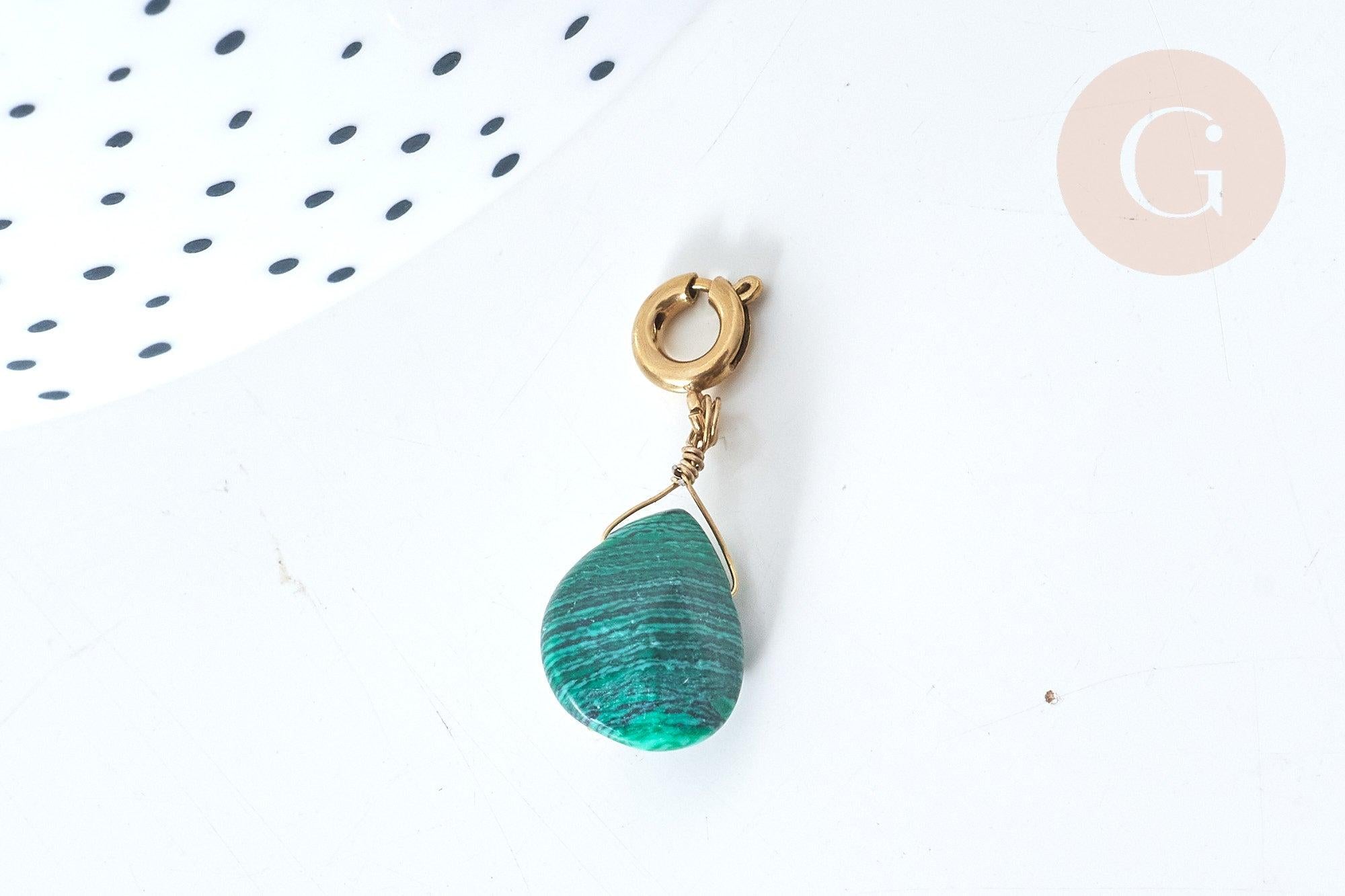 Pendentif goutte amulette imitation malachite acier inoxydable doré 21mm, pendentif pierre naturelle, x1 (G7628)