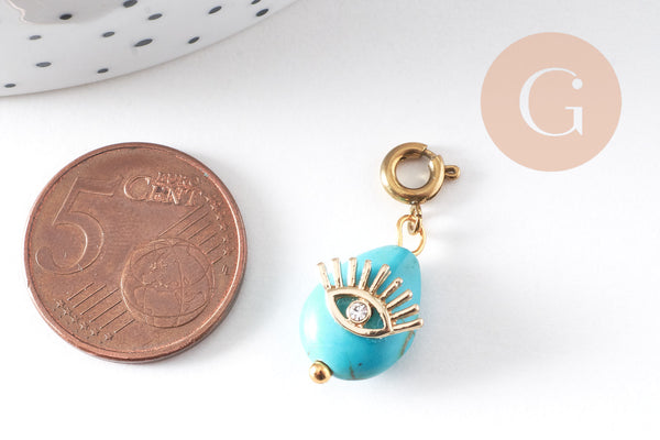 Pendentif goutte amulette oeil howlite de synthèse acier inoxydable doré 27mm, x1 (G7625)