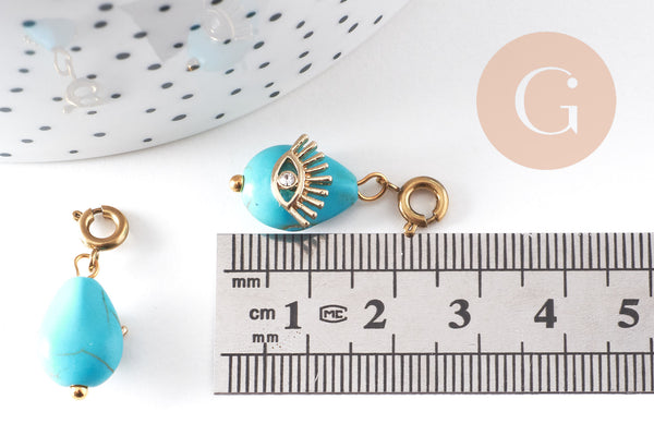 Pendentif goutte amulette oeil howlite de synthèse acier inoxydable doré 27mm, x1 (G7625)