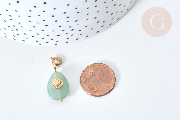 Pendentif goutte amulette soleil aventurine naturelle acier inoxydable doré 29mm, pendentif pierre naturelle, x1 (G7627)