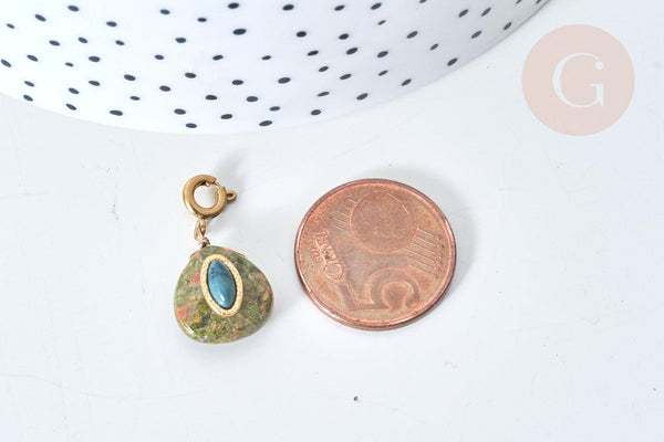 Pendentif goutte amulette unakite naturelle acier inoxydable doré 21mm, pendentif pierre naturelle, x1 G7630