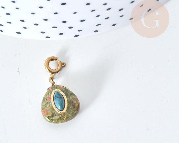 Pendentif goutte amulette unakite naturelle acier inoxydable doré 21mm, pendentif pierre naturelle, x1 G7630