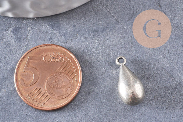 Pendentif goutte argenté, Pendentif argenté zamac, breloque argent,goutte argent,17mm, x1 (G1647)
