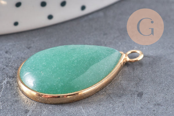 Pendentif goutte aventurine verte naturelle fer doré 31mm, x1 (G2333)