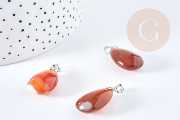 Pendentif goutte cornaline laiton platine 24mm, pendentif pierre argenté, bijou pendentif pierre naturelle, x1 (G8640)