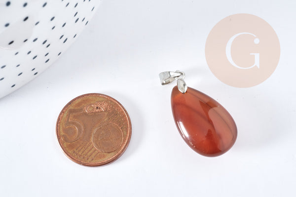 Pendentif goutte cornaline laiton platine 24mm, pendentif pierre argenté, bijou pendentif pierre naturelle, x1 (G8640)