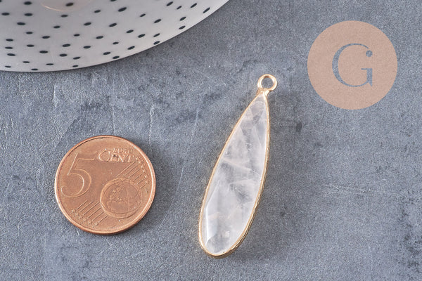 Pendentif goutte cristal de roche naturel laiton doré 40mm, x1 (G2555)