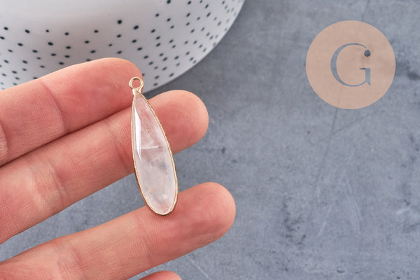 Pendentif goutte cristal de roche naturel laiton doré 40mm, x1 (G2555)
