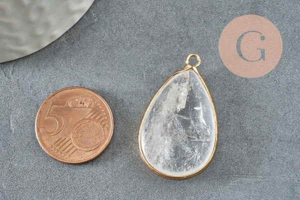 Pendentif goutte cristal doré 35mm,pendentif cristal transparent, pendentif pierre,cristal naturel, pendentif collier, x1 G0489