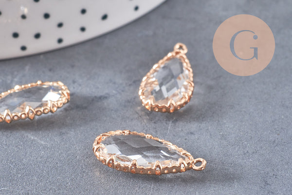 Pendentif goutte cristal transparent facetté laiton doré 25.5mm, x1 (G3105)