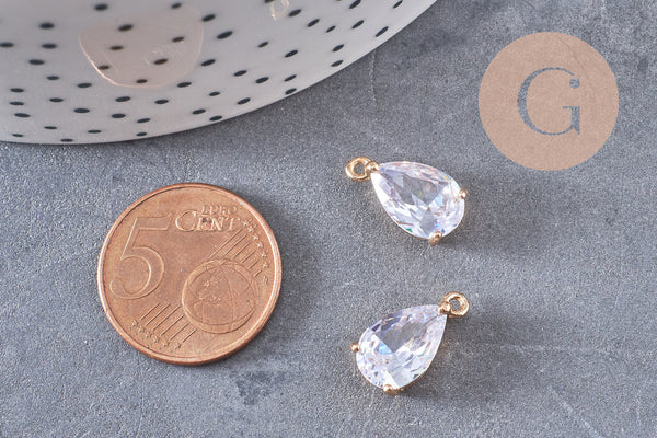 Pendentif goutte doré 24 carats zircon blanc 15mm,pendentif cristal, pendentif doré cristal, création bijoux, les 5, G3917