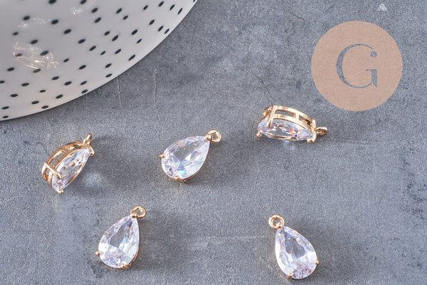 Pendentif goutte doré 24 carats zircon blanc 15mm,pendentif cristal, pendentif doré cristal, création bijoux, les 5, G3917