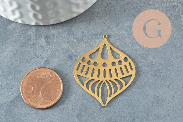Pendentif goutte évidé laiton brut 37mm, breloques laiton brut ,sans nickel, géométrique, X2 (G3228)