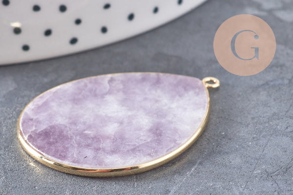 Pendentif goutte jade lilas, pendentif pierre, support doré, pierre naturelle, 17-19mm, x1 G3718