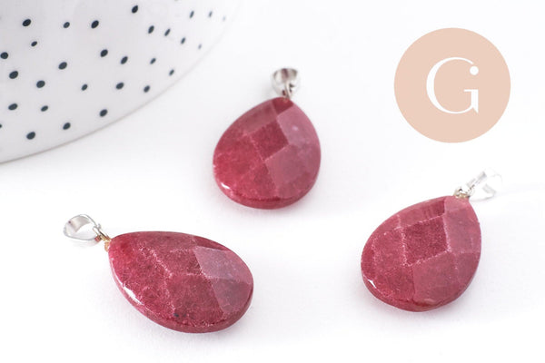 Pendentif goutte jade naturel bordeau facetté laiton platine 27.5mm, x1 (G10234)