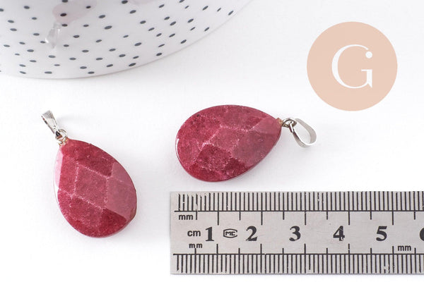 Pendentif goutte jade naturel bordeau facetté laiton platine 27.5mm, x1 (G10234)