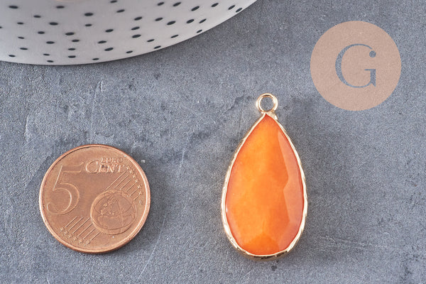 Pendentif goutte jade naturel jaune laiton doré 33mm, x1 (G0302)