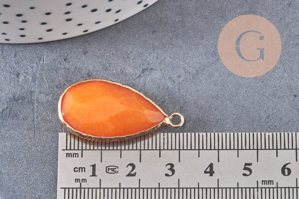 Pendentif goutte jade naturel jaune laiton doré 33mm, x1 (G0302)
