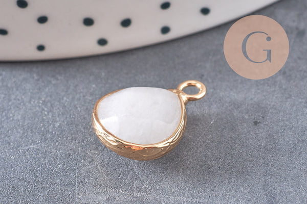Pendentif goutte jadenaturel teinté blanc laiton doré 18mm, pendentif bijoux pierre naturelle x1 G0789