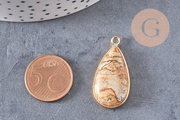 Pendentif goutte jaspe paysage naturel laiton doré 33mm, x1 (G5164)